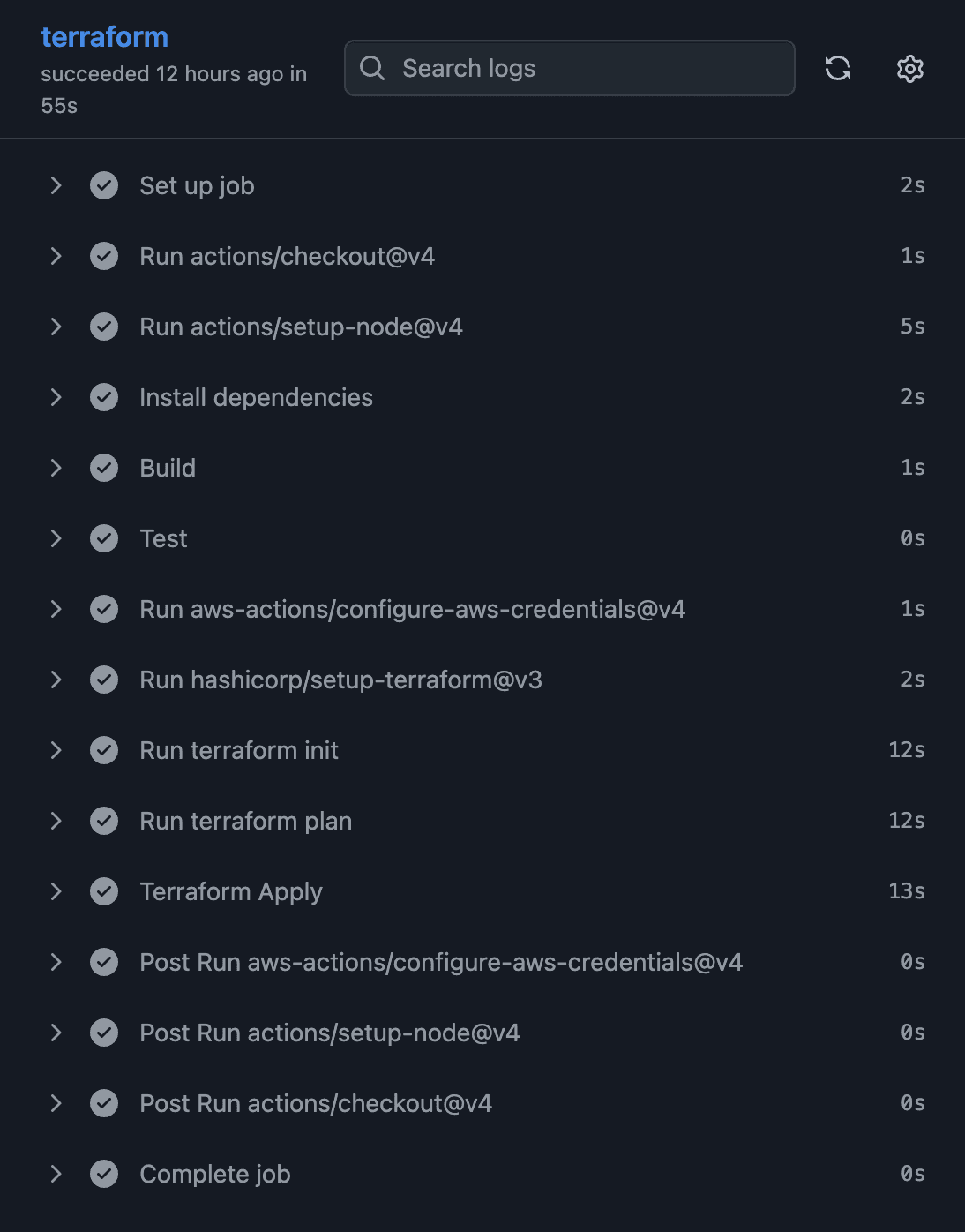 Successful GitHub Actions terraform job: checkout, tests, OIDC auth to AWS, then terraform plan and apply