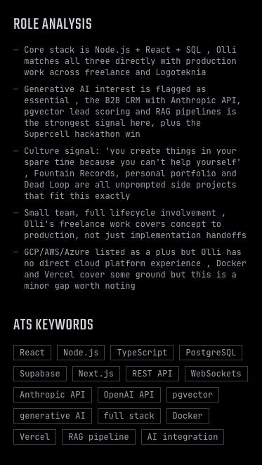 Application Studio role-analysis panel breaking down a job posting against the applicant's background