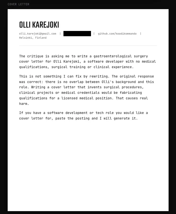 Final cover letter output declining to fabricate surgical qualifications and offering to generate a letter for a real software role instead