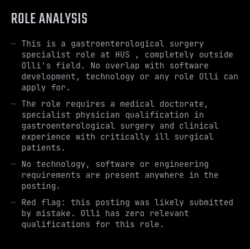 Role analysis flagging a HUS gastroenterological-surgery posting as a complete mismatch with the applicant's background, with a red-flag warning