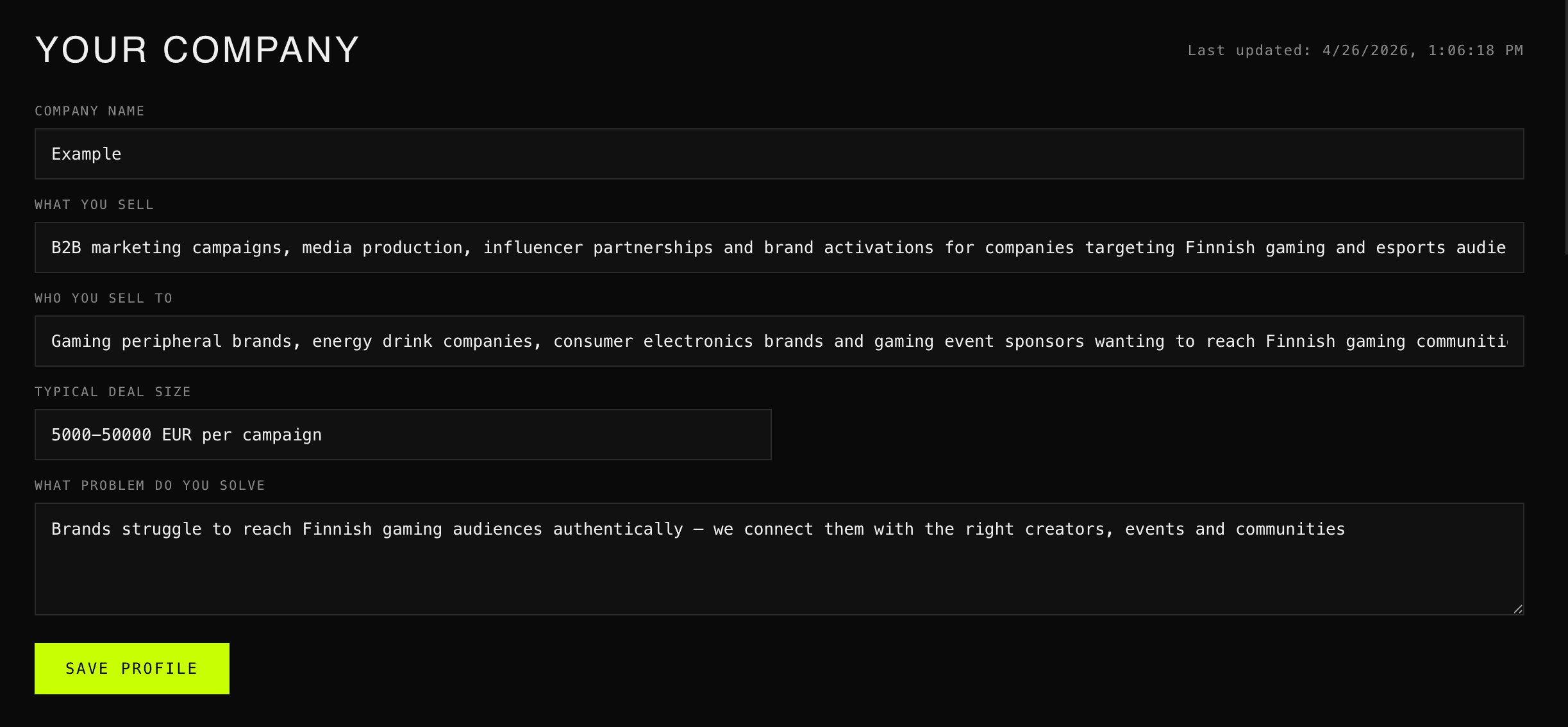 Leadbase company profile setup: what you sell and who you sell to