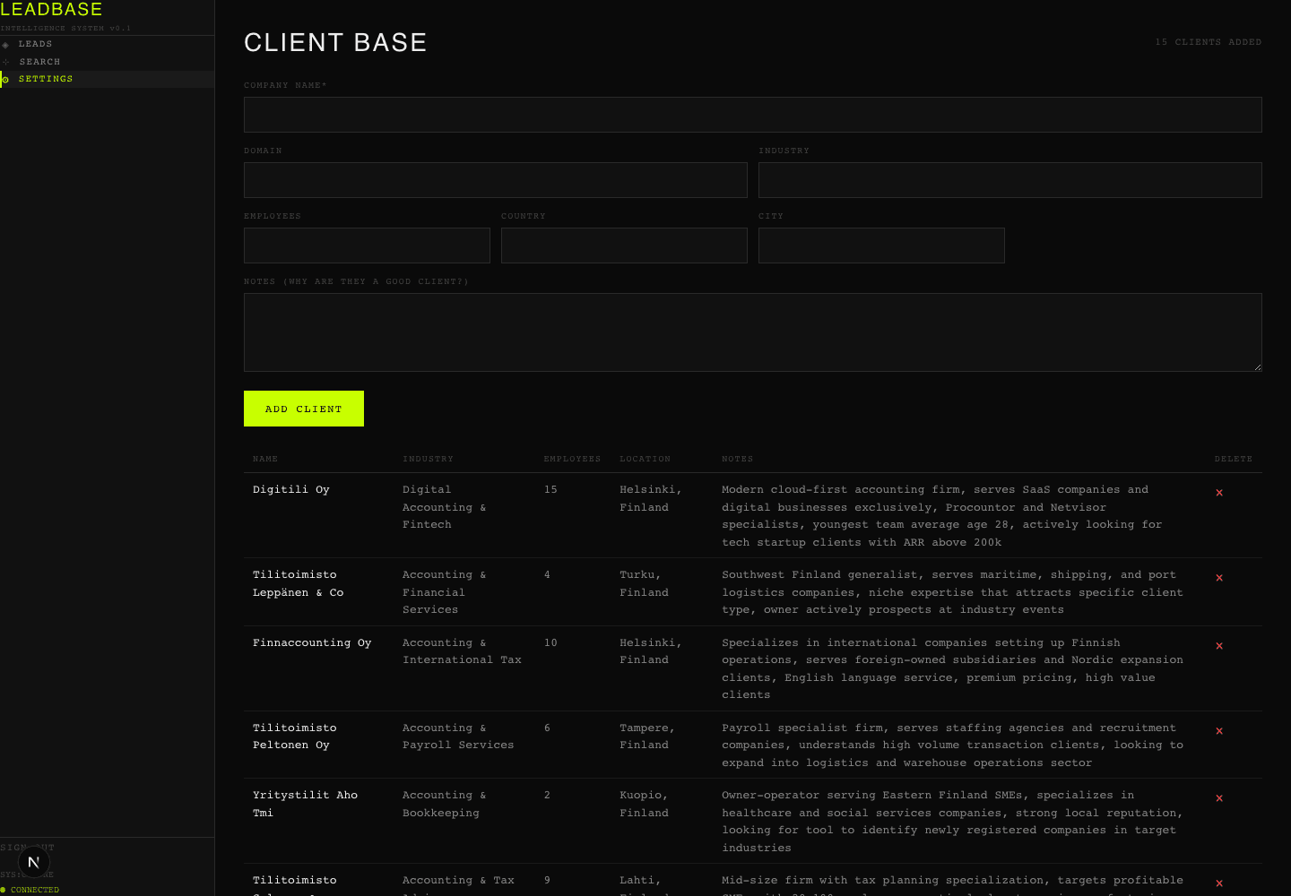 Leadbase — client base settings page where the user teaches the system by example