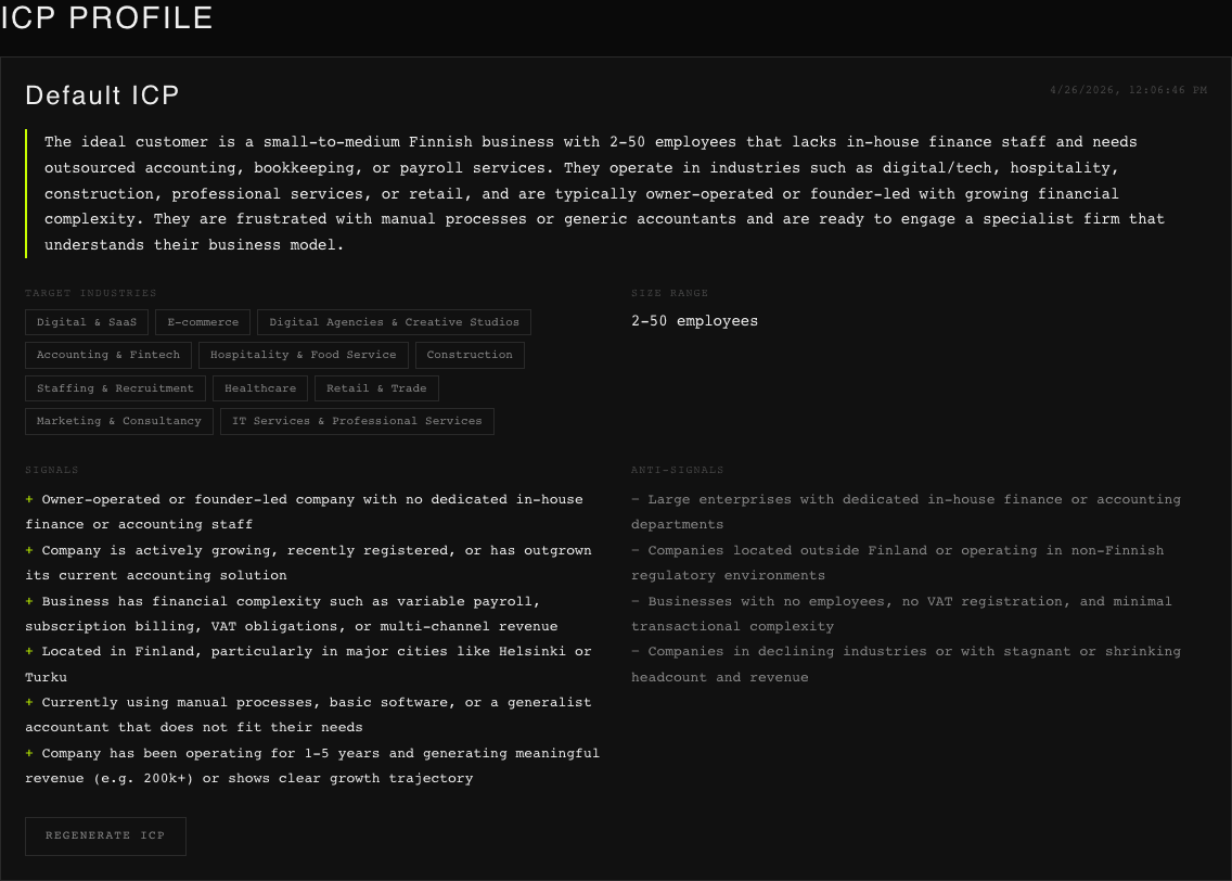 Leadbase — generated ideal customer profile with target industries, signals, and anti-signals