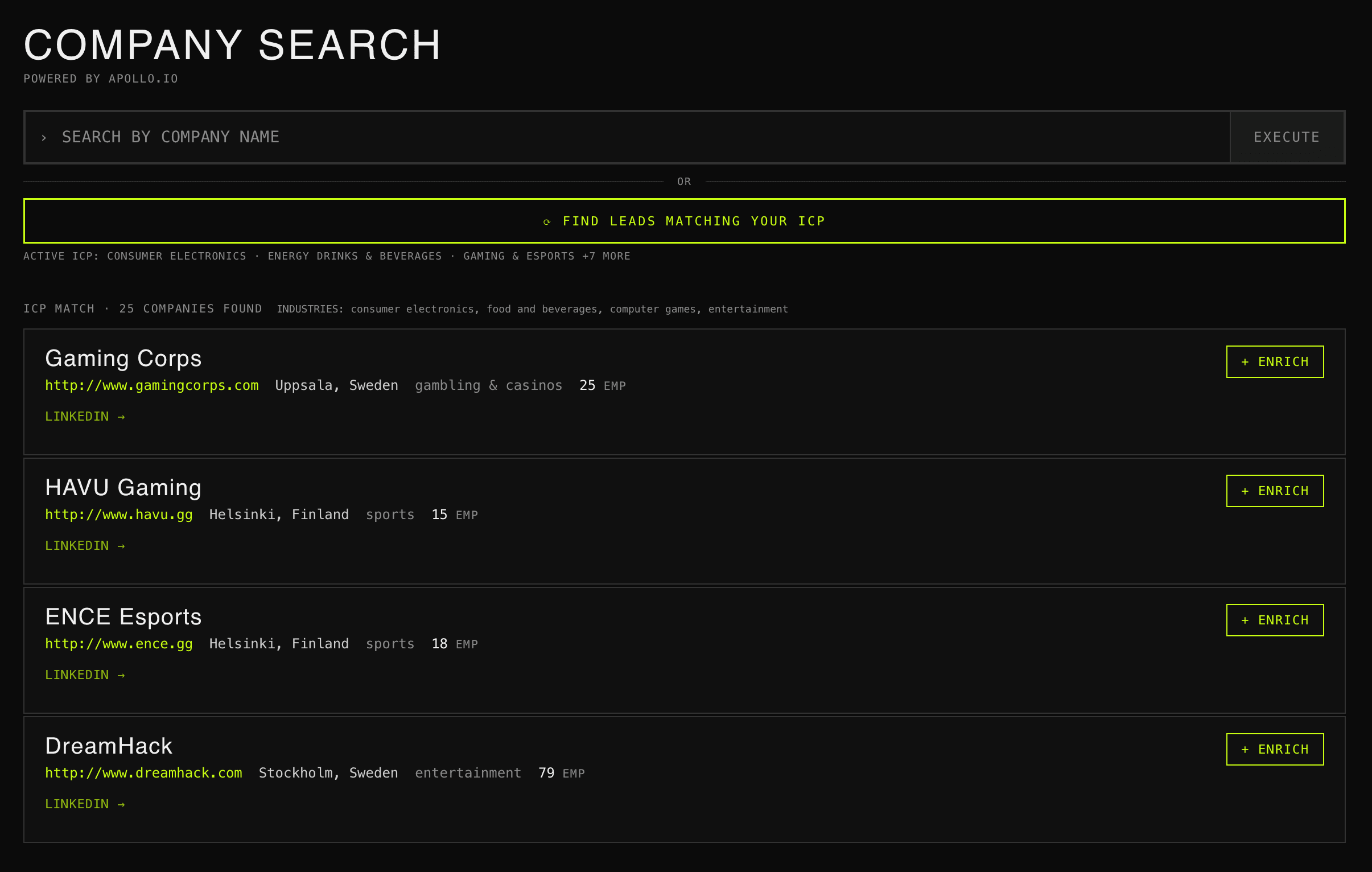 Leadbase prospect search against the Apollo.io company database, auto-built from the ICP